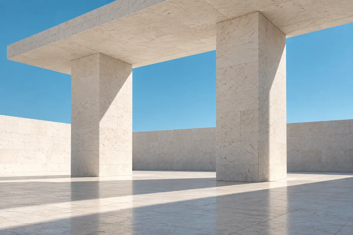 Two limestone columns supporting a shared canopy beneath blue sky